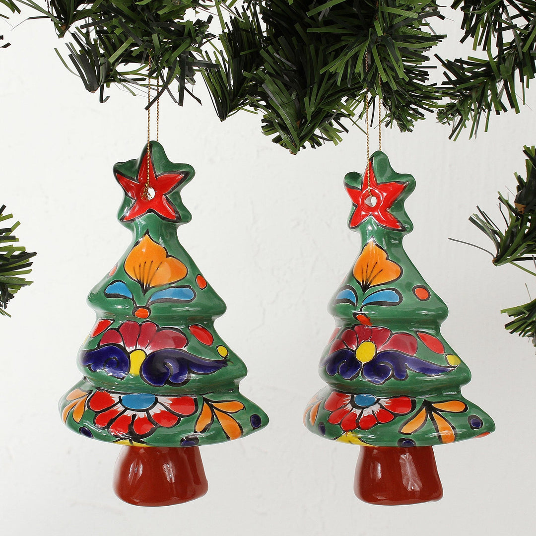 Floral Ceramic Christmas Tree Ornaments from Mexico (Pair) - Talavera Celebration