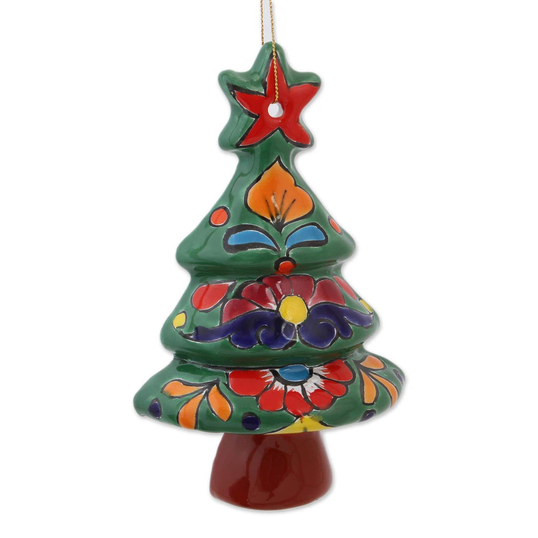 Floral Ceramic Christmas Tree Ornaments from Mexico (Pair) - Talavera Celebration