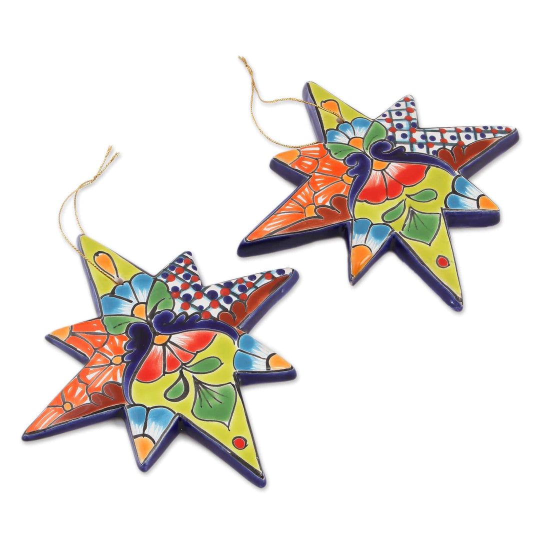 Star-Shaped Talavera Ceramic Ornaments from Mexico (Pair) - North Star