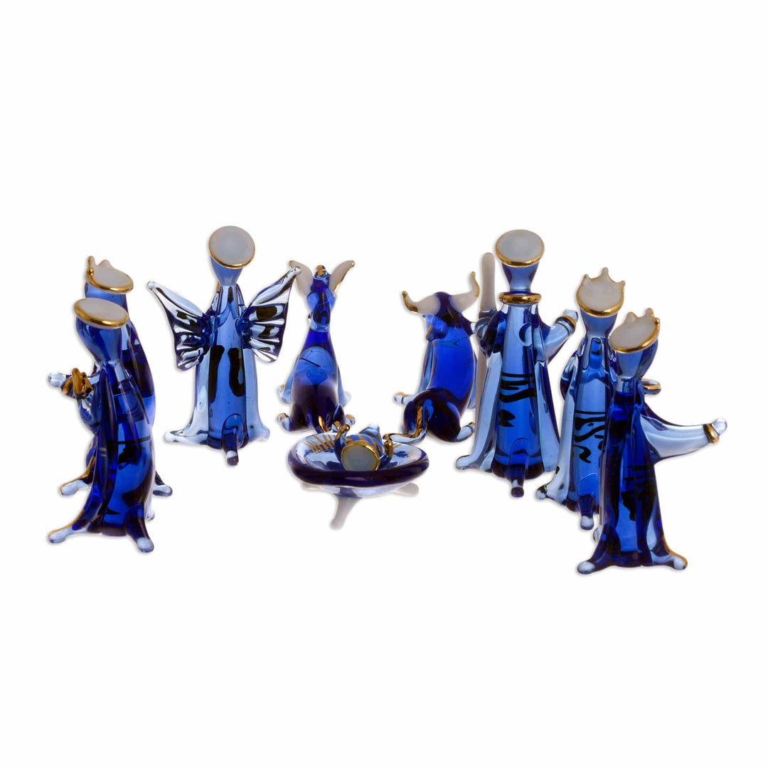 Blue Gilded Glass Nativity Scene from Peru (10 Piece) - Blue Festivity