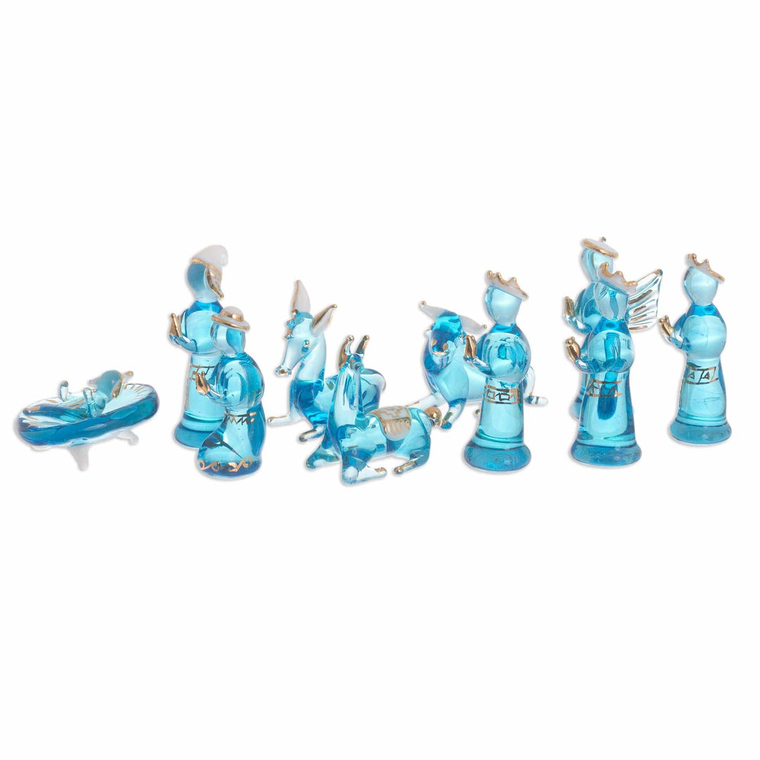 Blue Gilded Glass Nativity Scene from Peru (12 Piece) - Andean Festivity in Blue