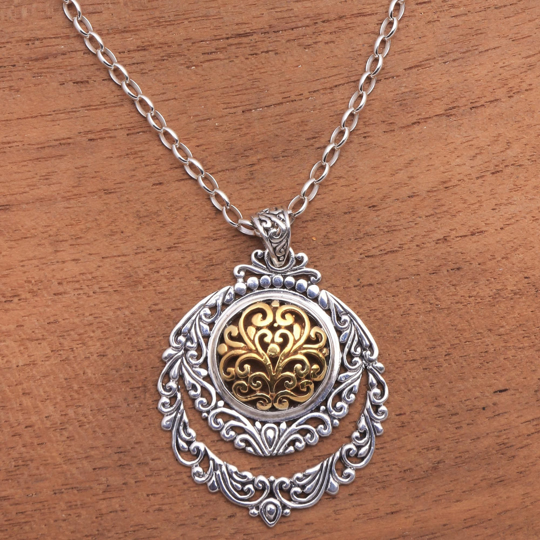 Patterned Gold Accented Sterling Silver Pendant Necklace - Jungle Roots