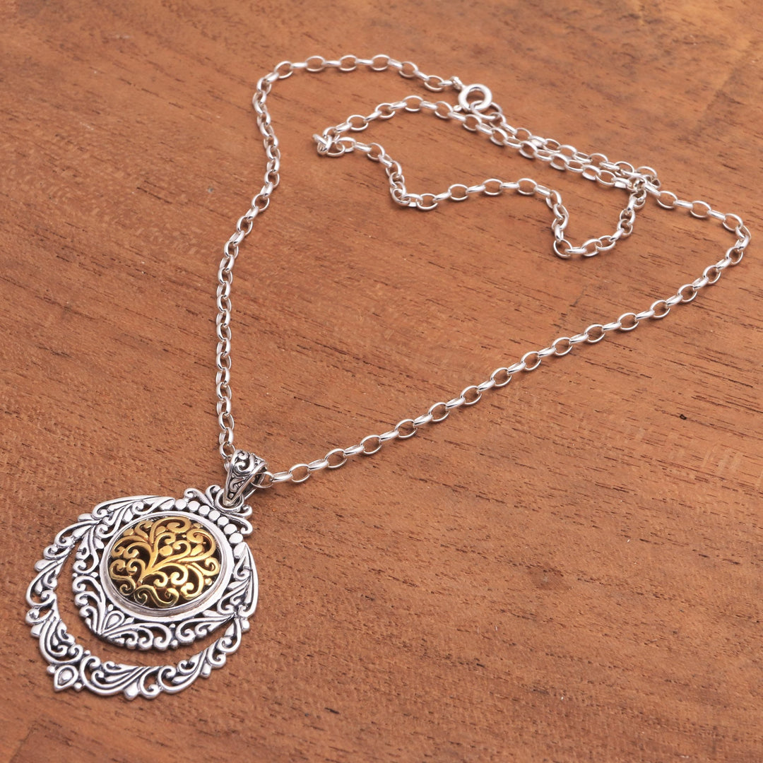 Patterned Gold Accented Sterling Silver Pendant Necklace - Jungle Roots