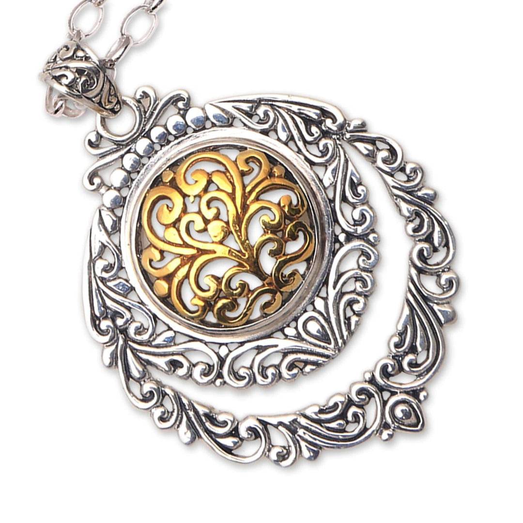 Patterned Gold Accented Sterling Silver Pendant Necklace - Jungle Roots