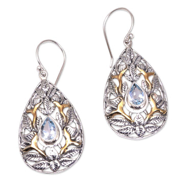 Leaf Motif Gold-Accented Blue Topaz Dangle Earrings - Hidden Jungle