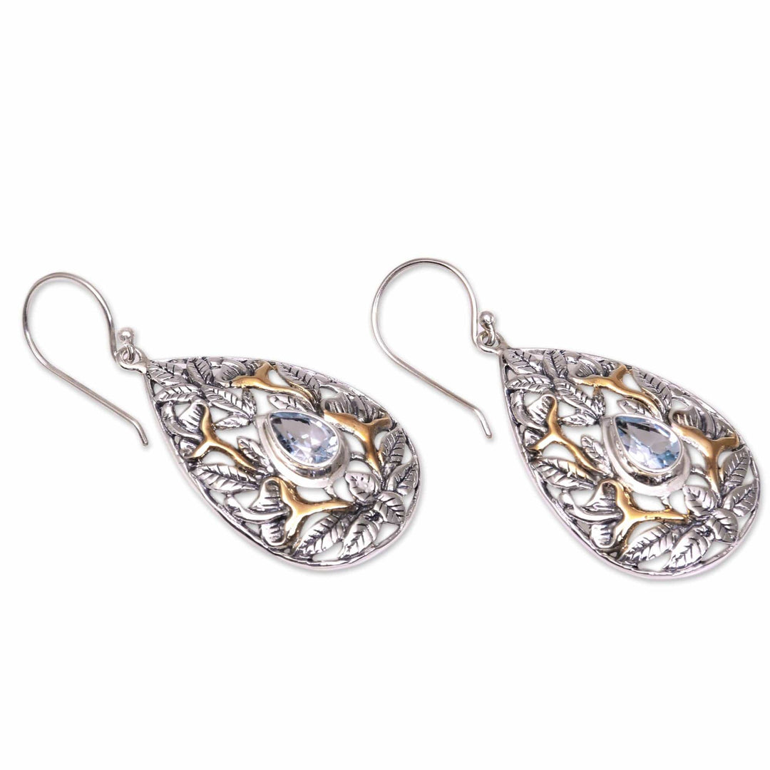 Leaf Motif Gold-Accented Blue Topaz Dangle Earrings - Hidden Jungle