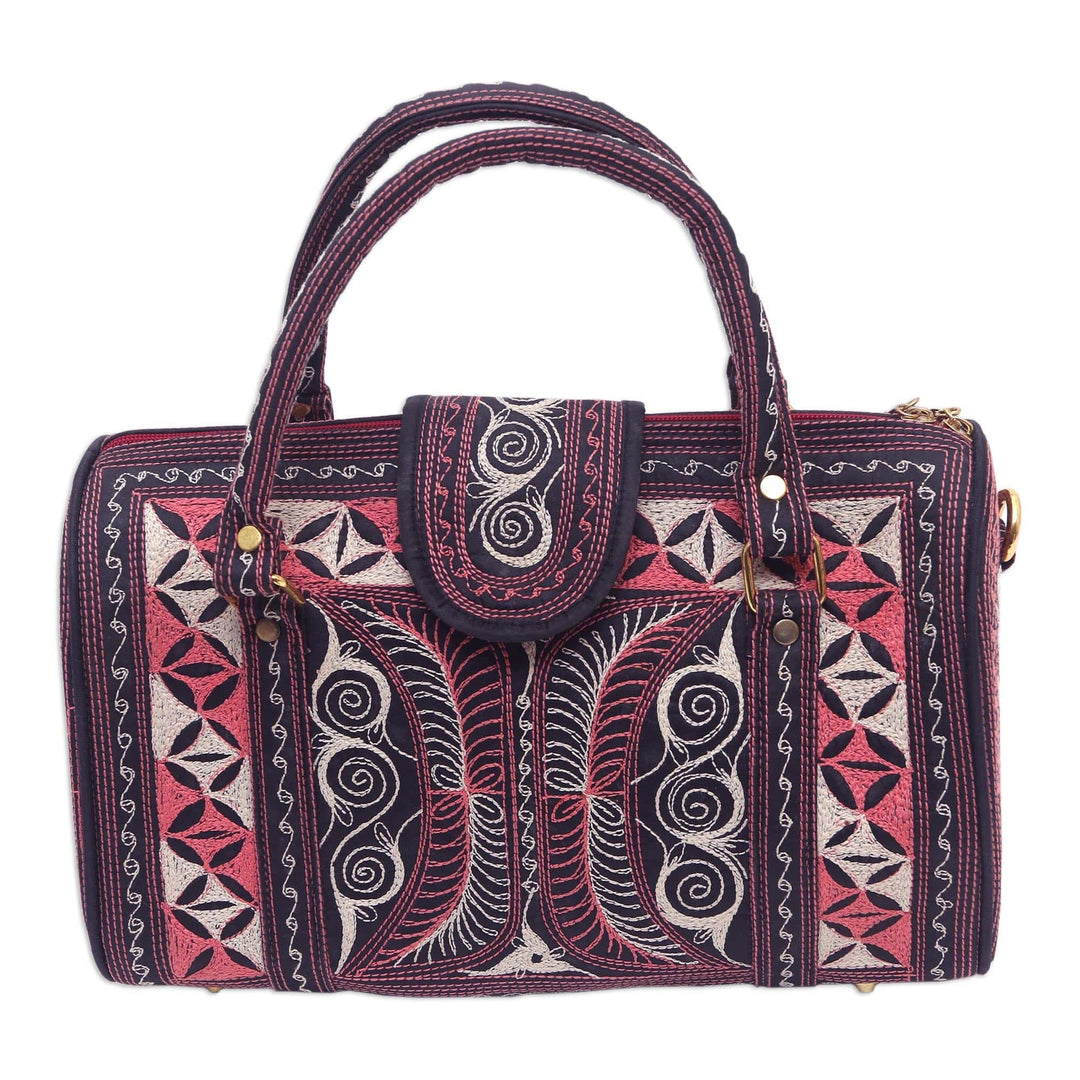 Embroidered Cotton Handbag in Carnation and Ivory (11.5 in.) - Carnation Crescents
