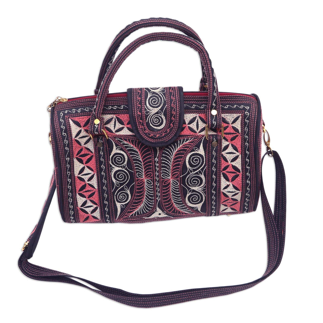 Embroidered Cotton Handbag in Carnation and Ivory (11.5 in.) - Carnation Crescents