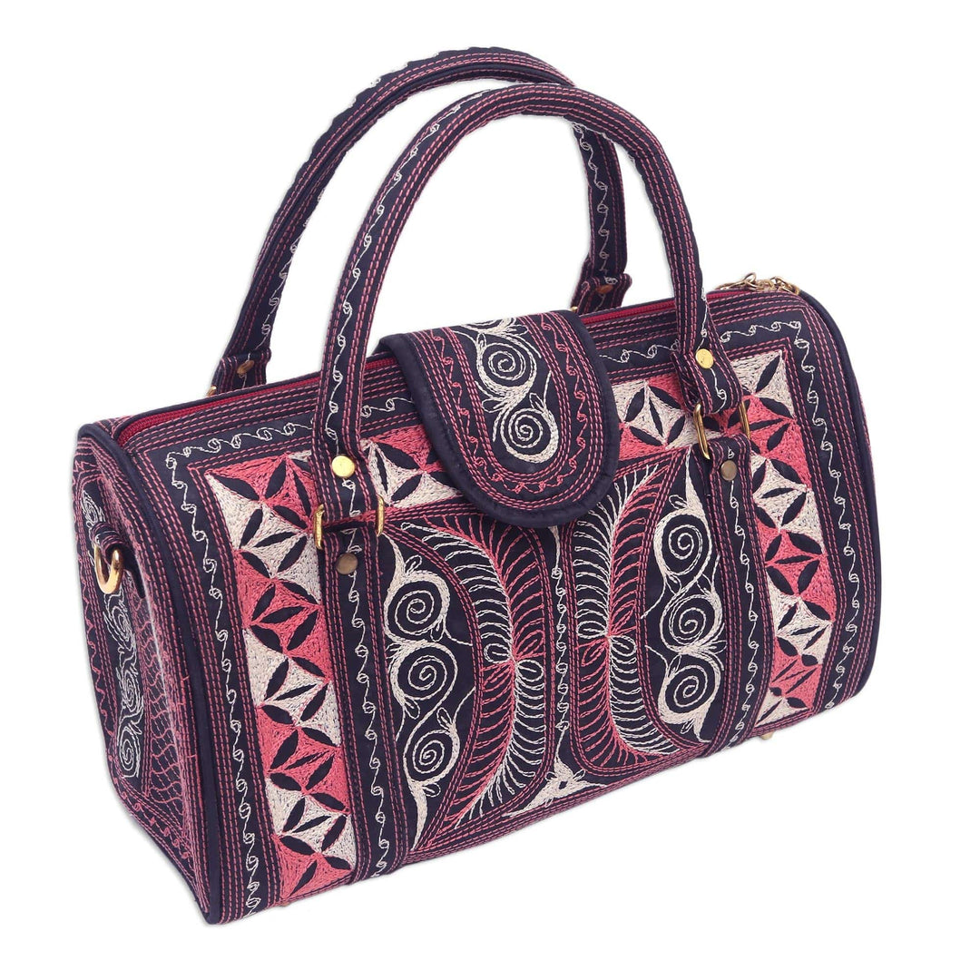Embroidered Cotton Handbag in Carnation and Ivory (11.5 in.) - Carnation Crescents
