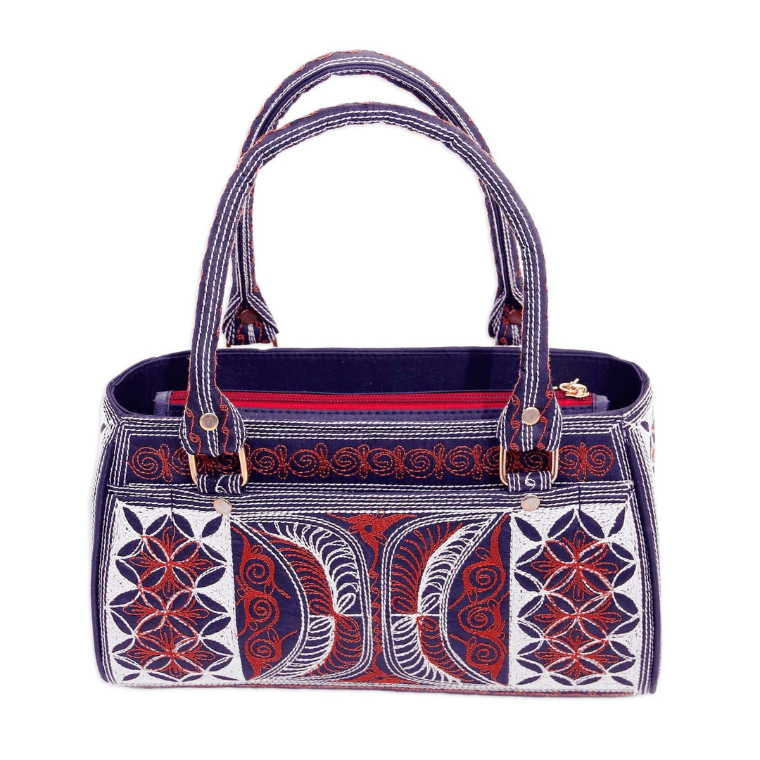 Embroidered Cotton Handle Handbag in Sunrise and Ivory - Sunrise Crescents