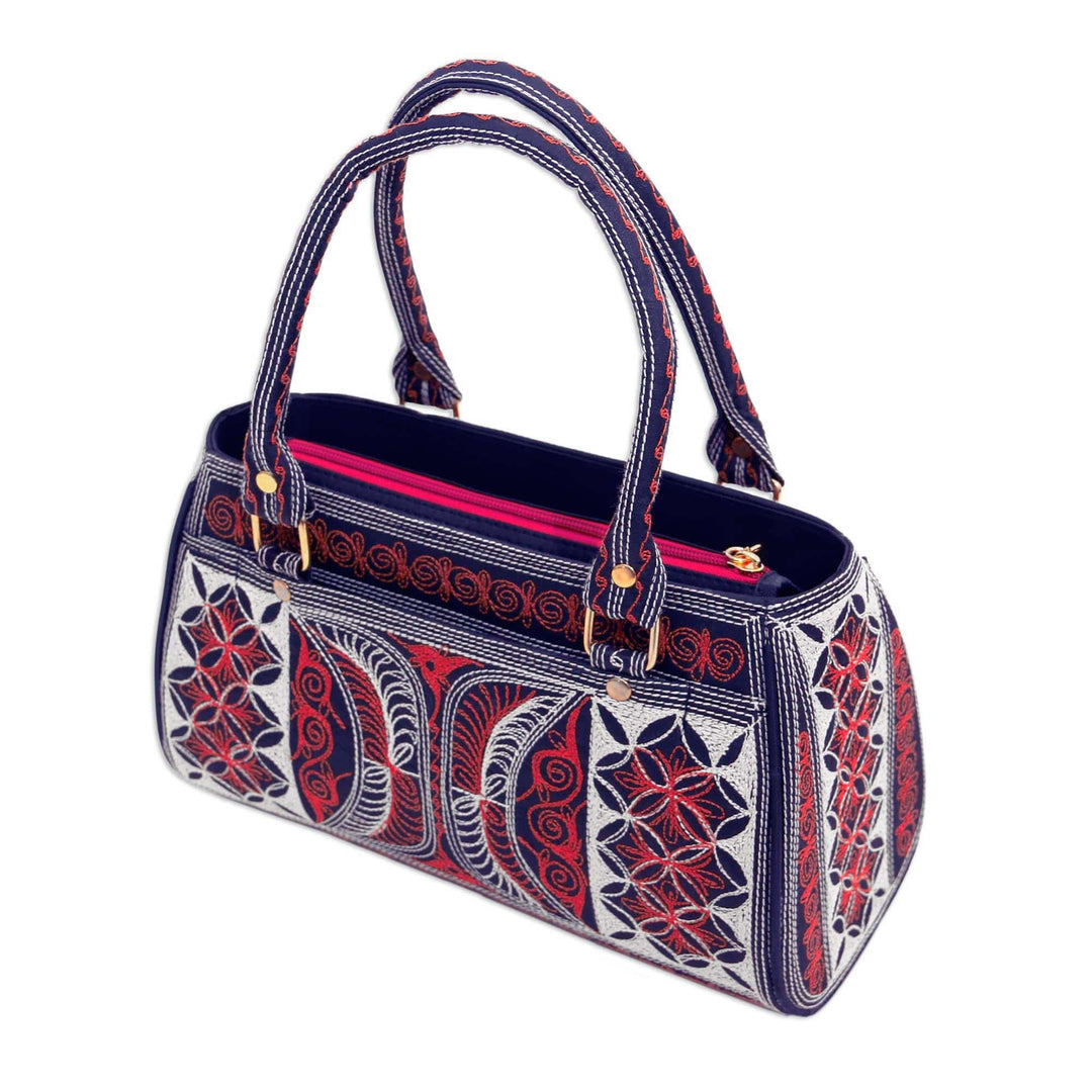 Embroidered Cotton Handle Handbag in Sunrise and Ivory - Sunrise Crescents