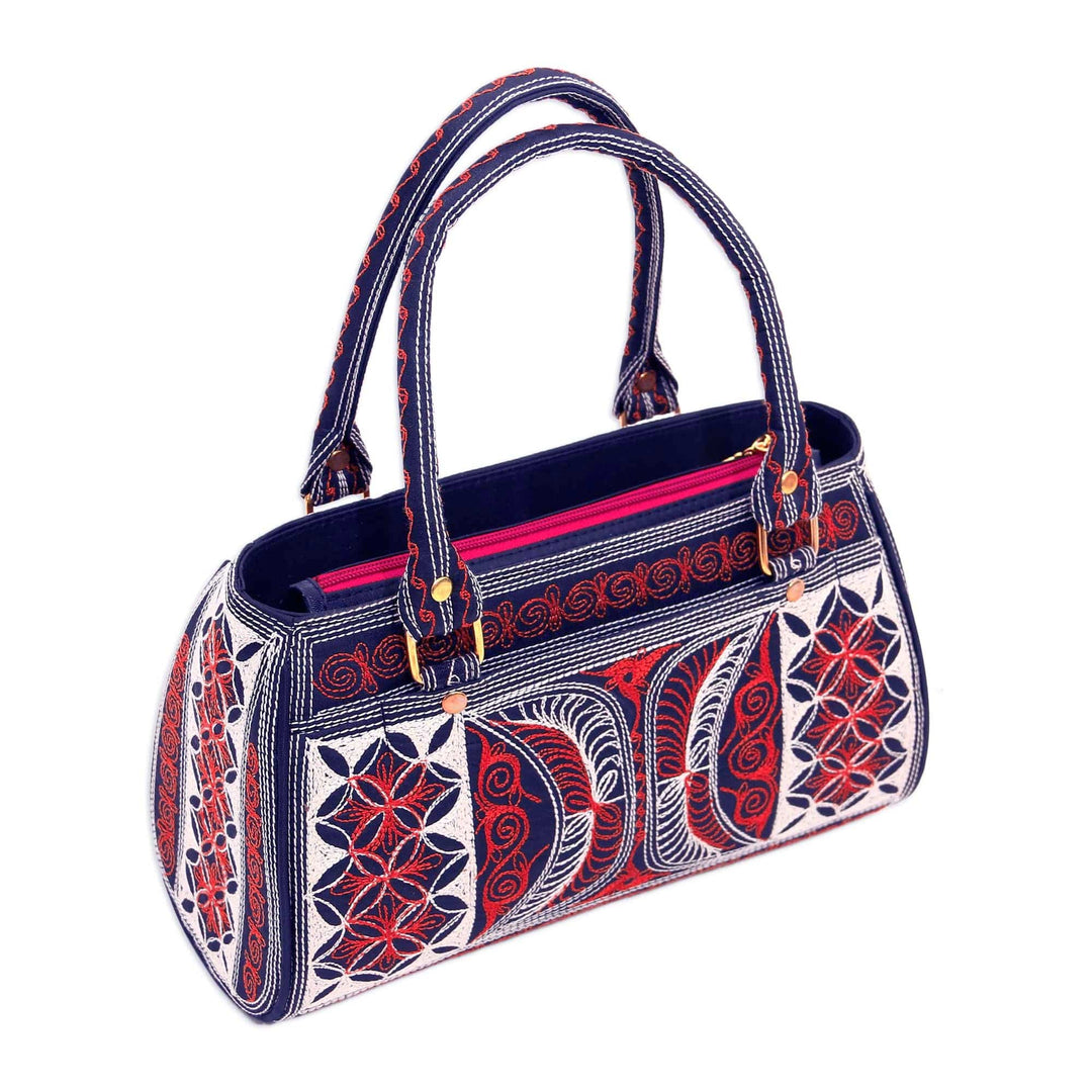 Embroidered Cotton Handle Handbag in Sunrise and Ivory - Sunrise Crescents
