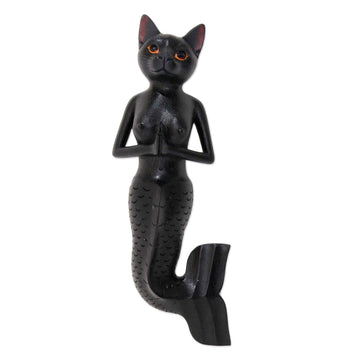 Black Suar Wood Mermaid Cat Wall Sculpture from Bali - Black Mermaid Cat
