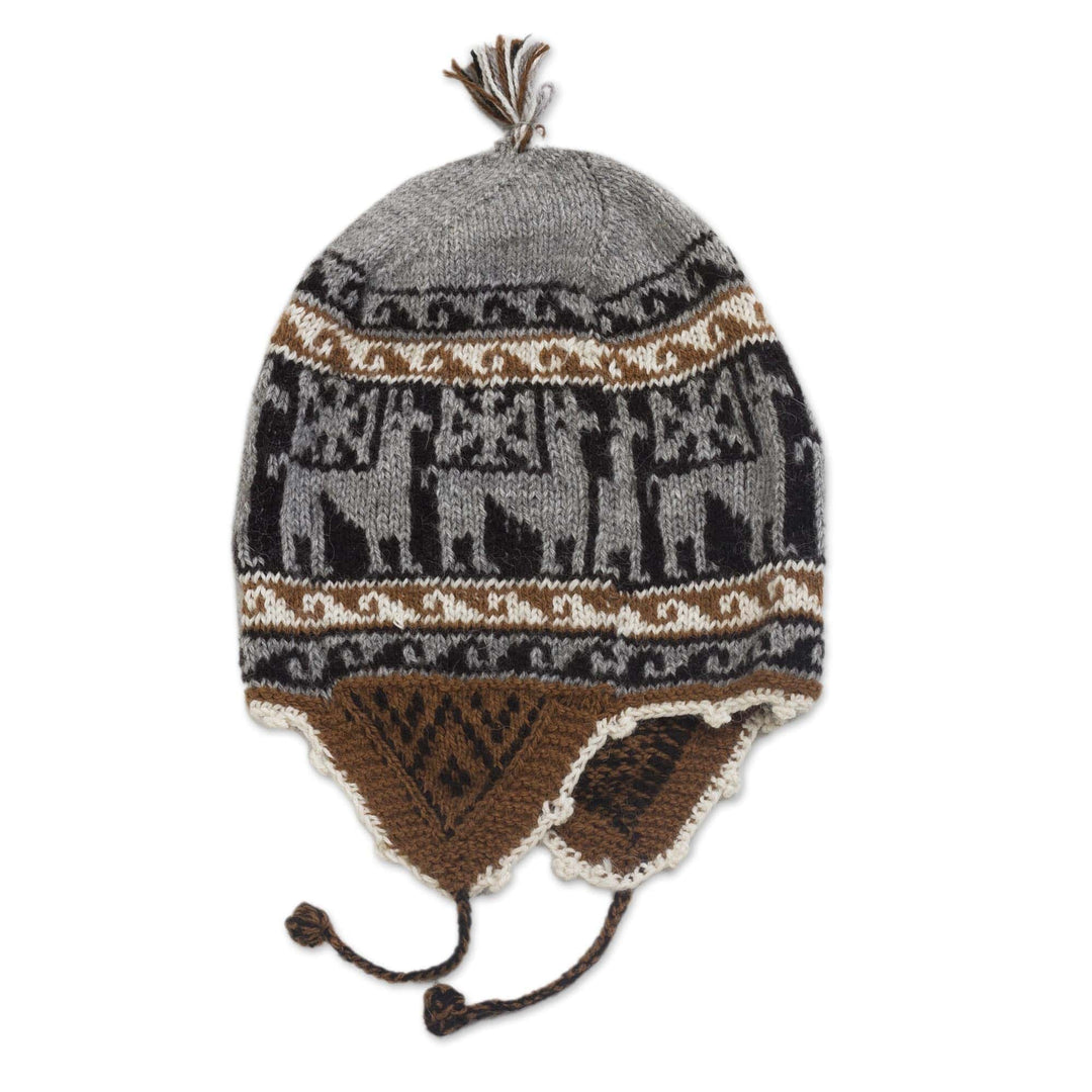 Alpaca Blend Chullo Hat with Llama Patterns in Smoke - Llama Silhouette in Smoke