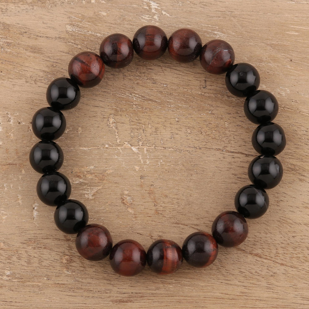 Tiger's Eye and Onyx Beaded Stretch Bracelet - Evening Intrigue