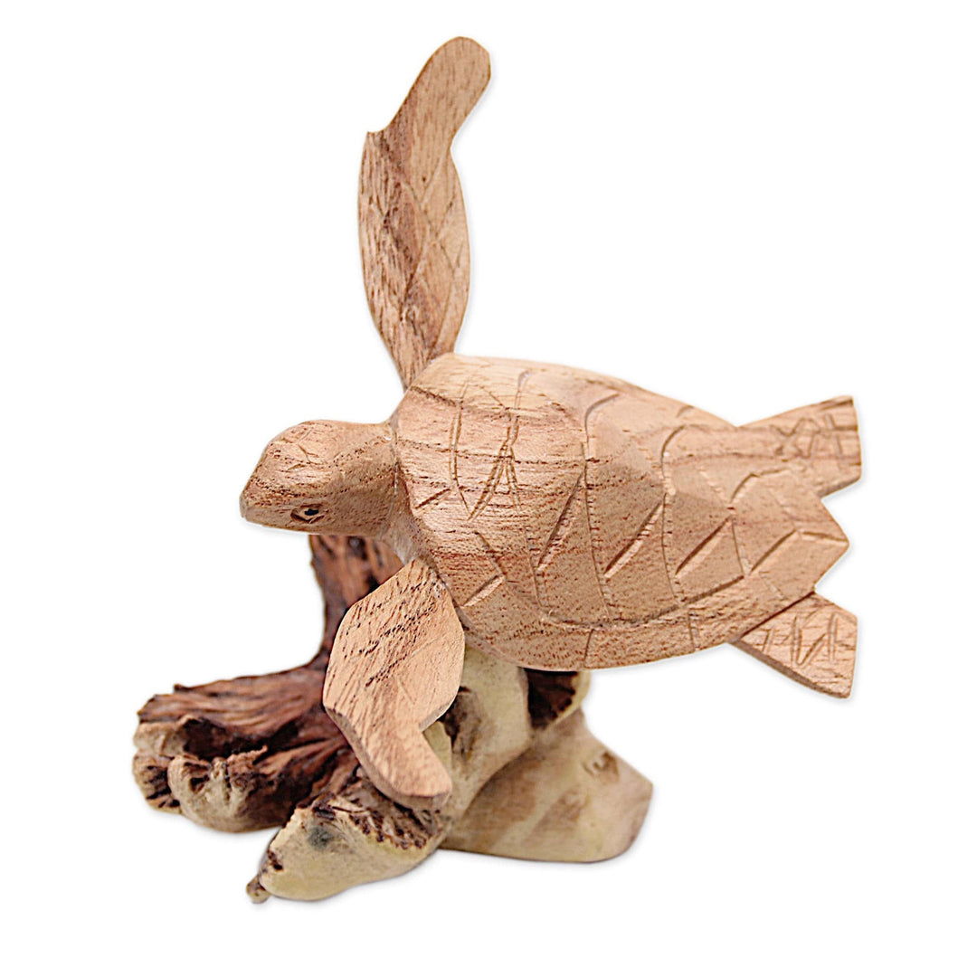 Jempinis and Benalu Wood Sea Turtle Figurine from Bali - Swimming Turtle