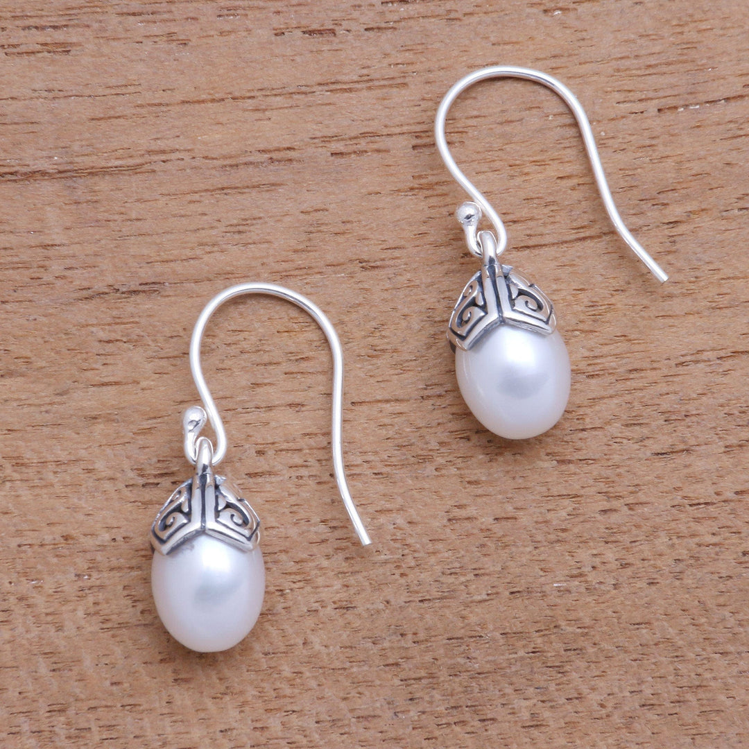 Cultured Pearl Dangle Earrings in White from Bali - Mermaid Teardrops in White