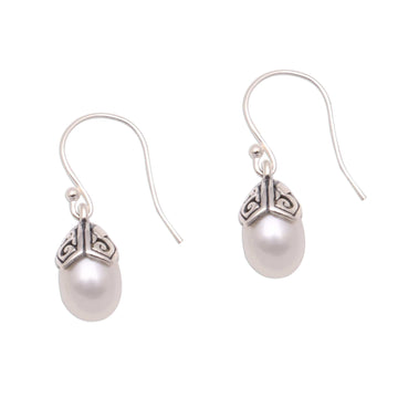 Cultured Pearl Dangle Earrings in White from Bali - Mermaid Teardrops in White