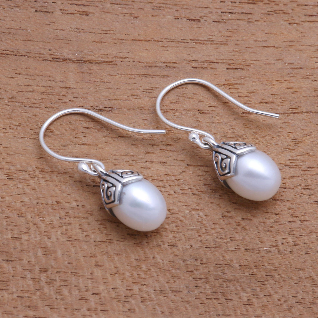 Cultured Pearl Dangle Earrings in White from Bali - Mermaid Teardrops in White