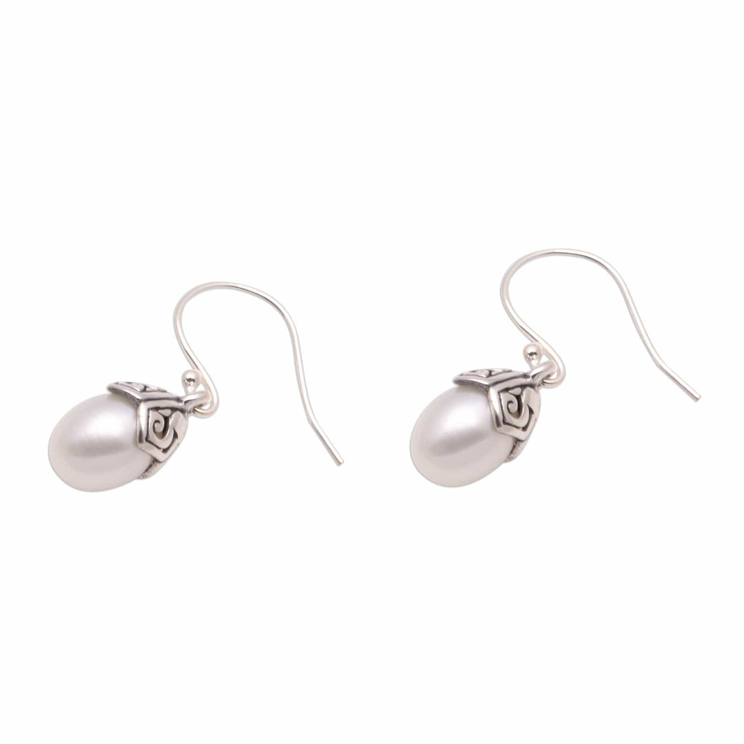 Cultured Pearl Dangle Earrings in White from Bali - Mermaid Teardrops in White