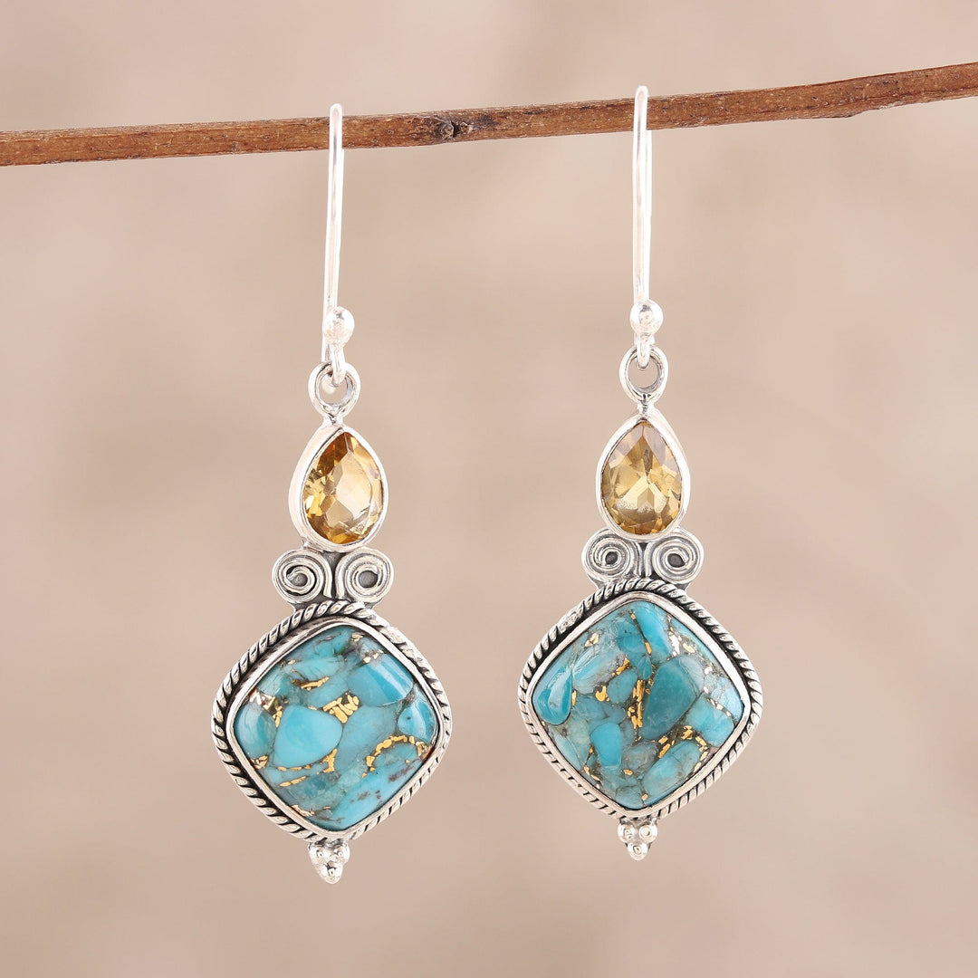 Teardrop Citrine and Turquoise Dangle Earrings - Teardrop Harmony