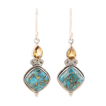 Teardrop Citrine and Turquoise Dangle Earrings - Teardrop Harmony