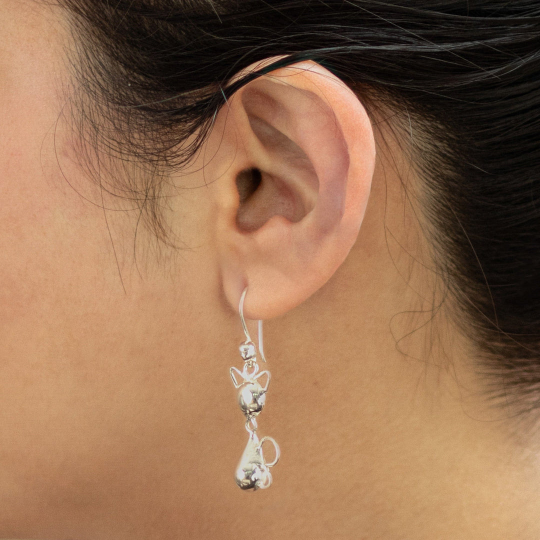 Cat-Themed Sterling Silver Dangle Earrings from Peru - Delightful Cat