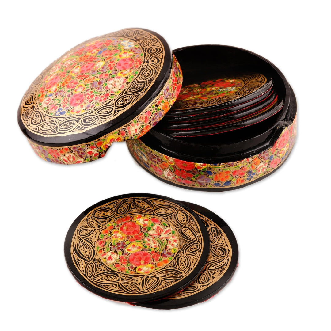 Set of 6 Papier Mache Coasters with Intricate Floral Motifs - Floral Intricacy