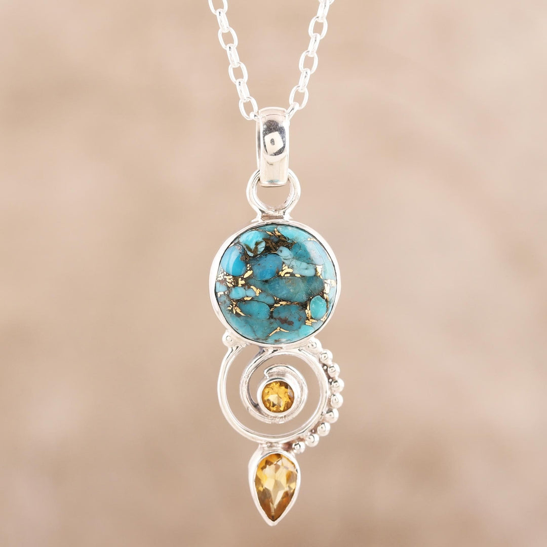 Citrine and Composite Turquoise Spiral Pendant Necklace - Cool Labyrinth