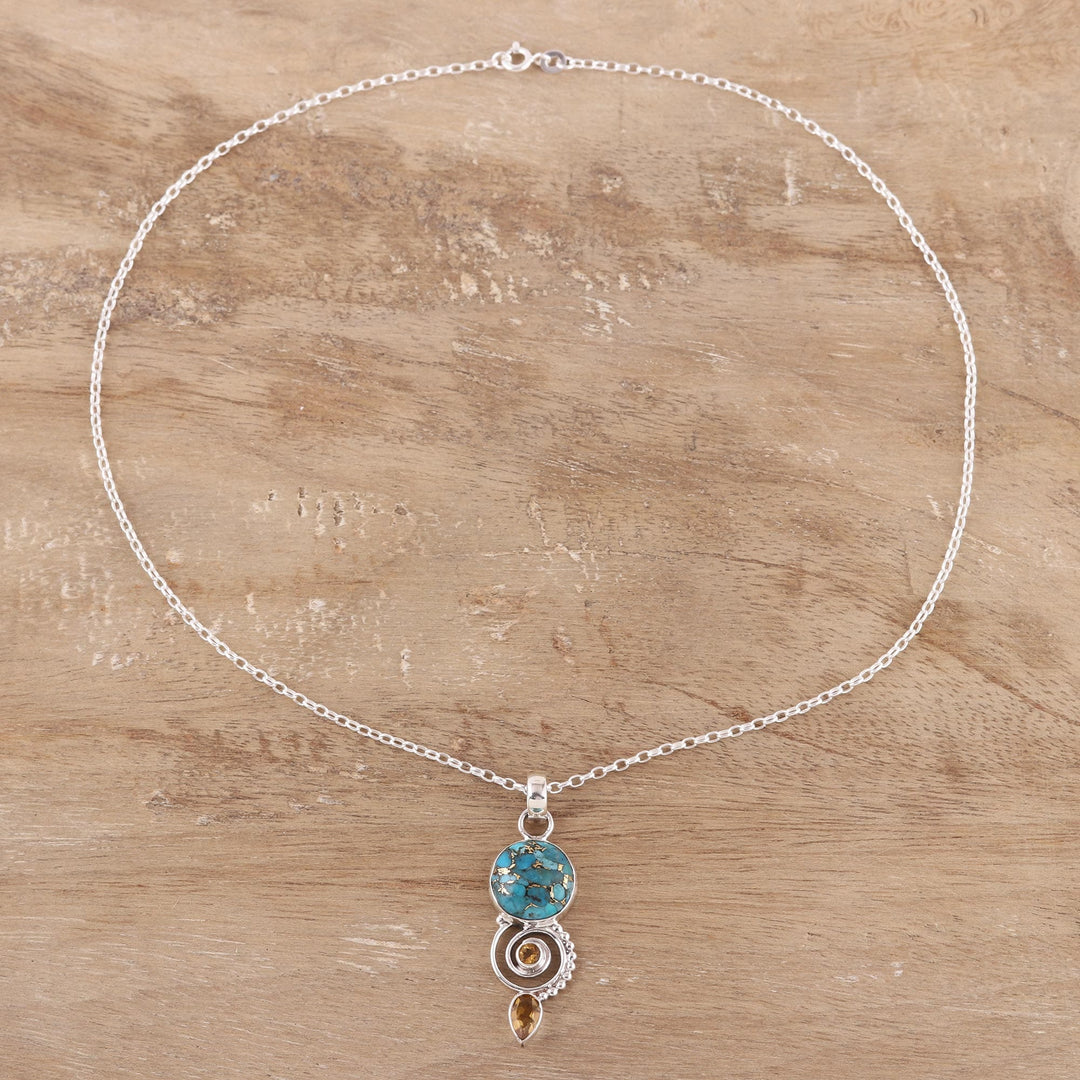 Citrine and Composite Turquoise Spiral Pendant Necklace - Cool Labyrinth