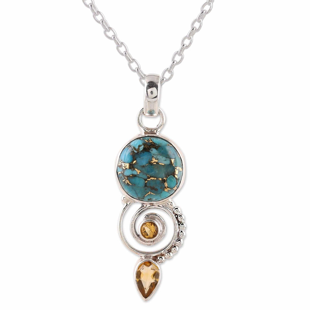 Citrine and Composite Turquoise Spiral Pendant Necklace - Cool Labyrinth