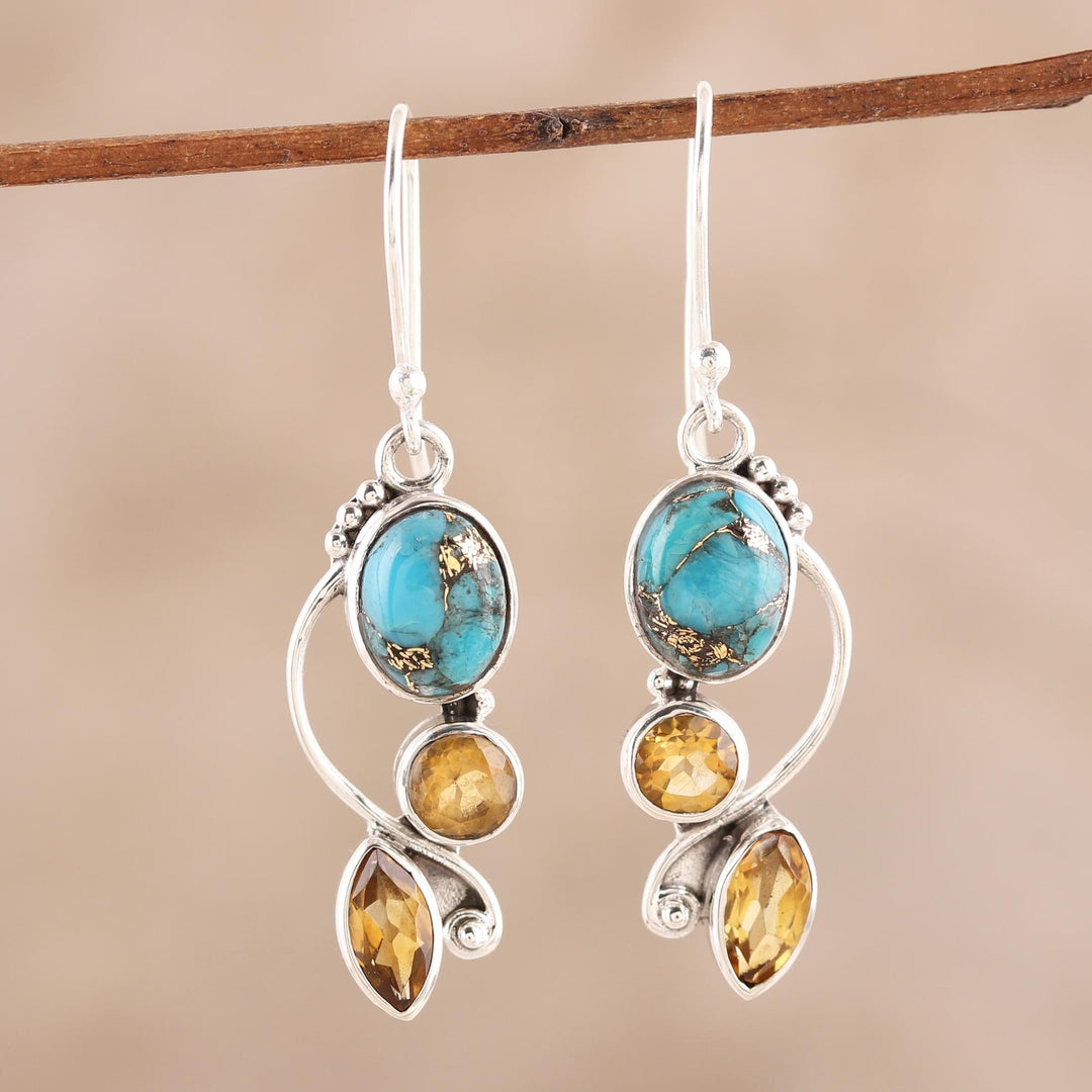 Faceted Citrine and Composite Turquoise Dangle Earrings - Classic Glamour