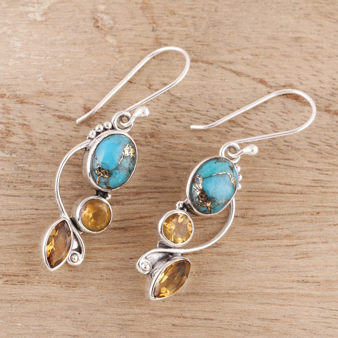 Faceted Citrine and Composite Turquoise Dangle Earrings - Classic Glamour