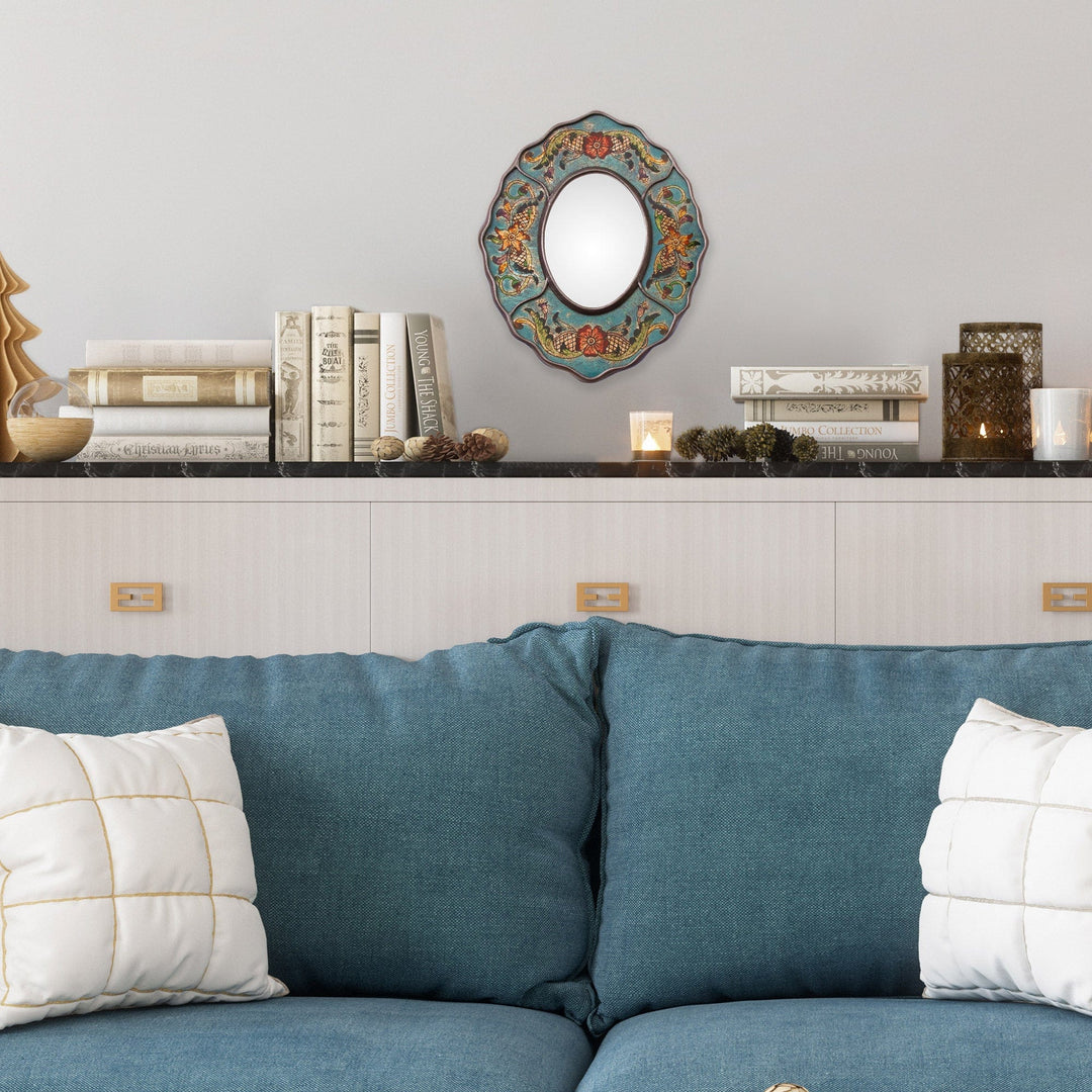 Turquoise Floral Reverse-Painted Glass Wall Mirror from Peru - Turquoise Colonial Wreath