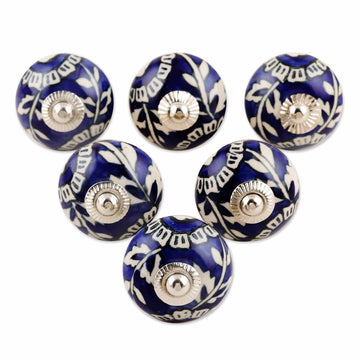 Blue Floral Ceramic Knobs from India (Set of 6) - Blue Homestead