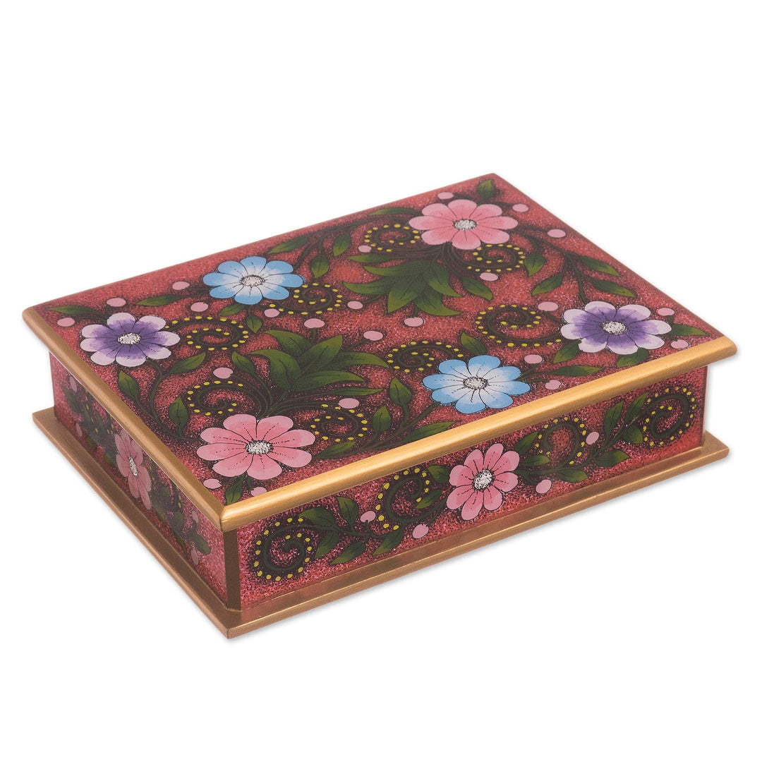 Floral Reverse-Painted Glass Decorative Box in Pink - Margarita Garden in Pink