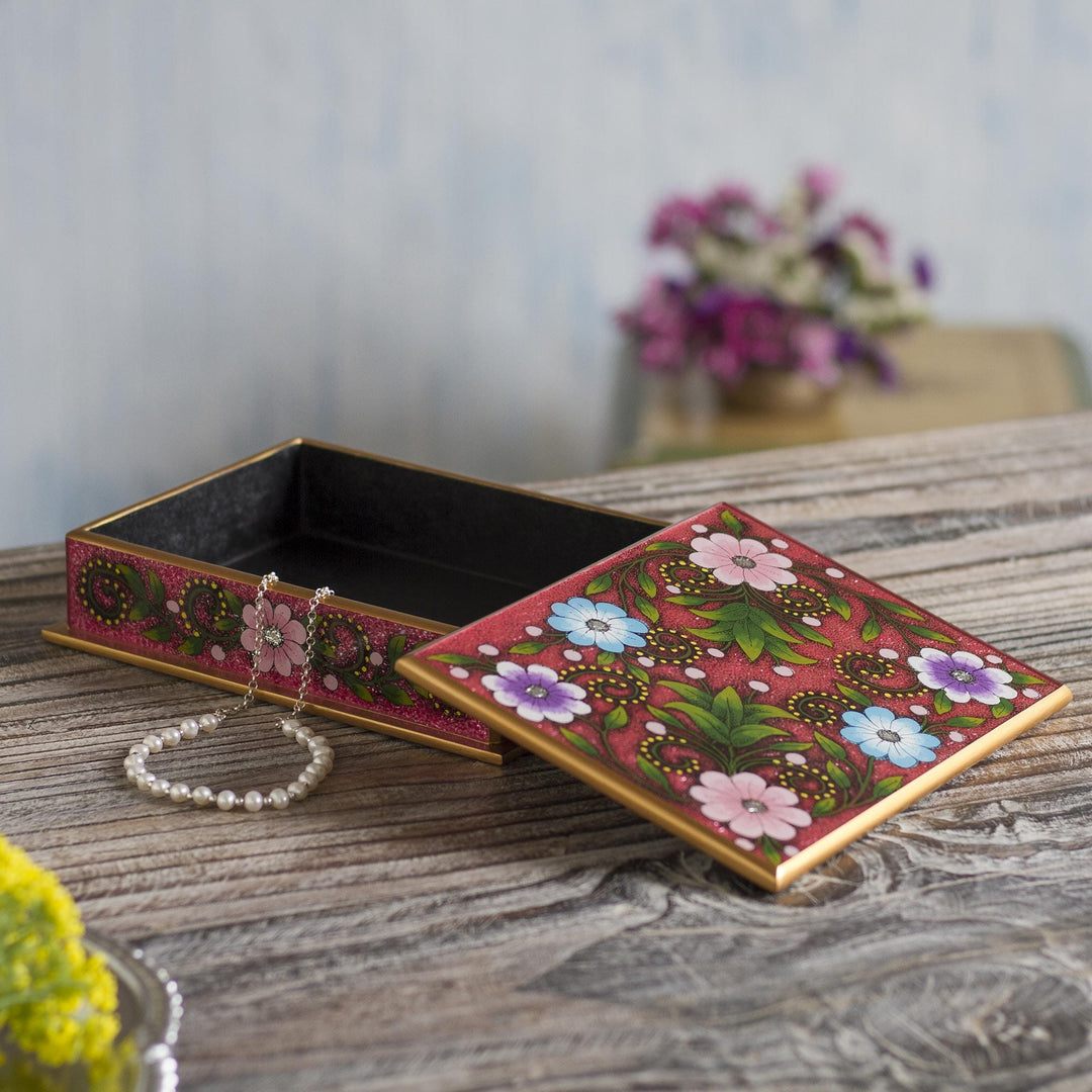 Floral Reverse-Painted Glass Decorative Box in Pink - Margarita Garden in Pink