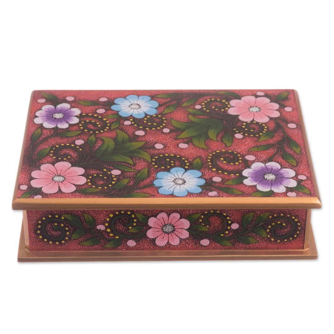 Floral Reverse-Painted Glass Decorative Box in Pink - Margarita Garden in Pink