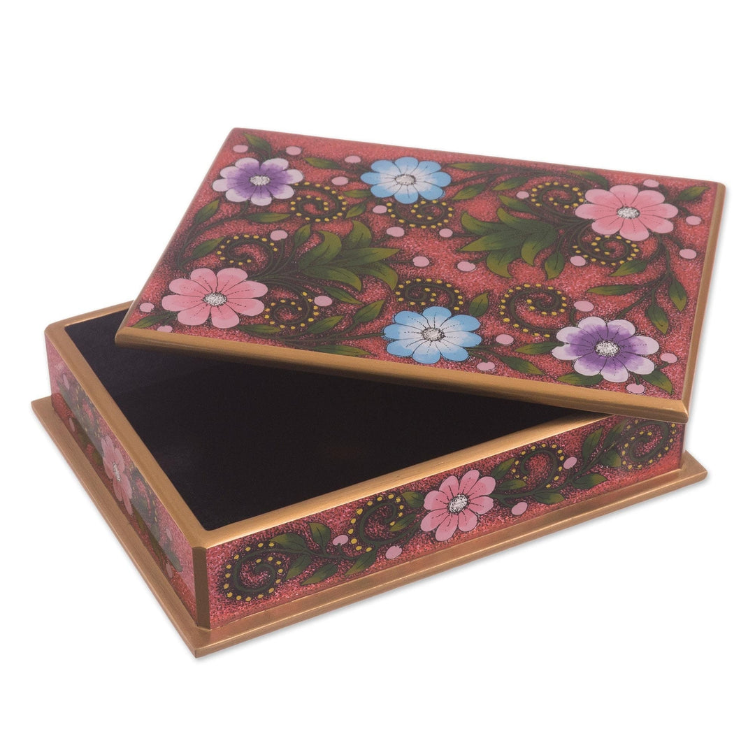 Floral Reverse-Painted Glass Decorative Box in Pink - Margarita Garden in Pink