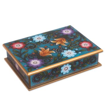 Floral Reverse-Painted Glass Decorative Box in Blue - Margarita Garden in Blue