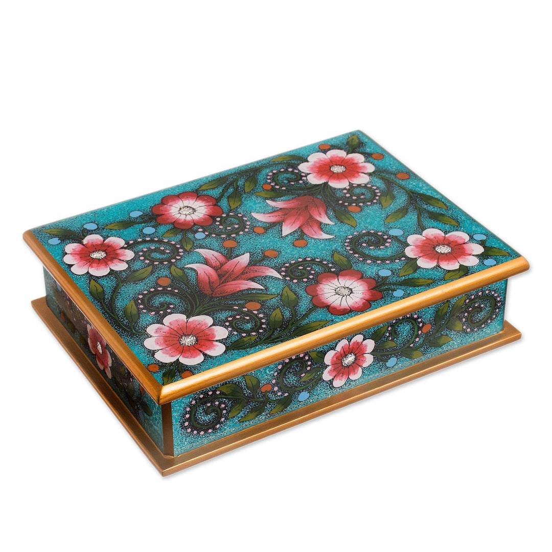 Pink and Green Floral Reverse-Painted Glass Decorative Box - Verdant Margarita Garden