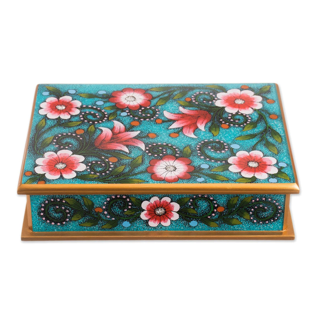 Pink and Green Floral Reverse-Painted Glass Decorative Box - Verdant Margarita Garden