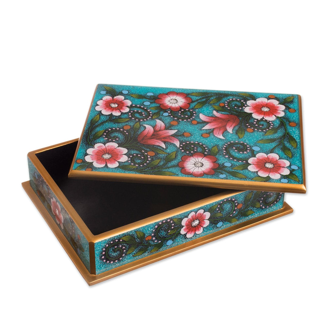 Pink and Green Floral Reverse-Painted Glass Decorative Box - Verdant Margarita Garden
