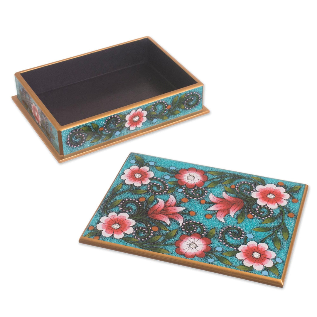 Pink and Green Floral Reverse-Painted Glass Decorative Box - Verdant Margarita Garden