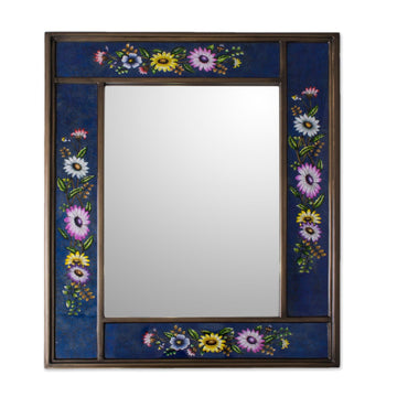 Blue Floral Reverse-Painted Glass Wall Mirror - Sweet Floral Ocean