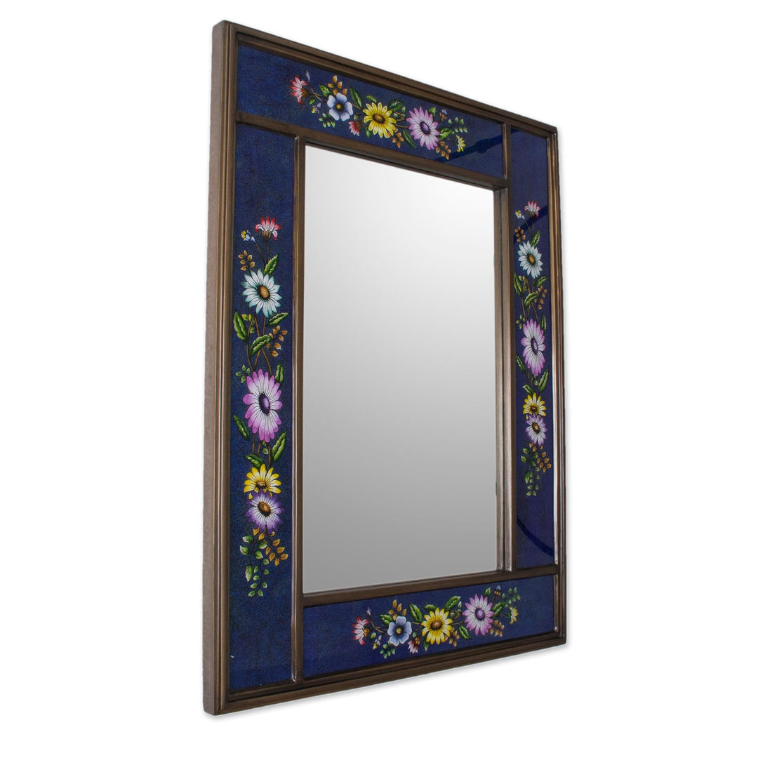 Blue Floral Reverse-Painted Glass Wall Mirror - Sweet Floral Ocean