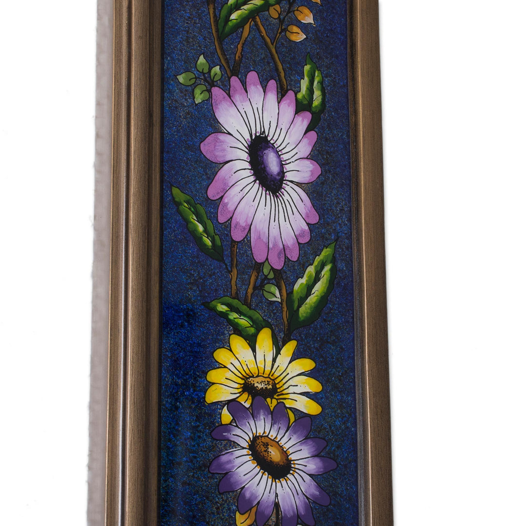 Blue Floral Reverse-Painted Glass Wall Mirror - Sweet Floral Ocean
