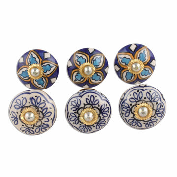 Multicolored Floral Ceramic Knobs from India (Set of 6) - Royal Garden