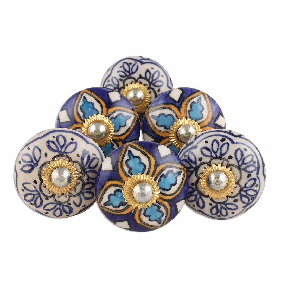 Multicolored Floral Ceramic Knobs from India (Set of 6) - Royal Garden