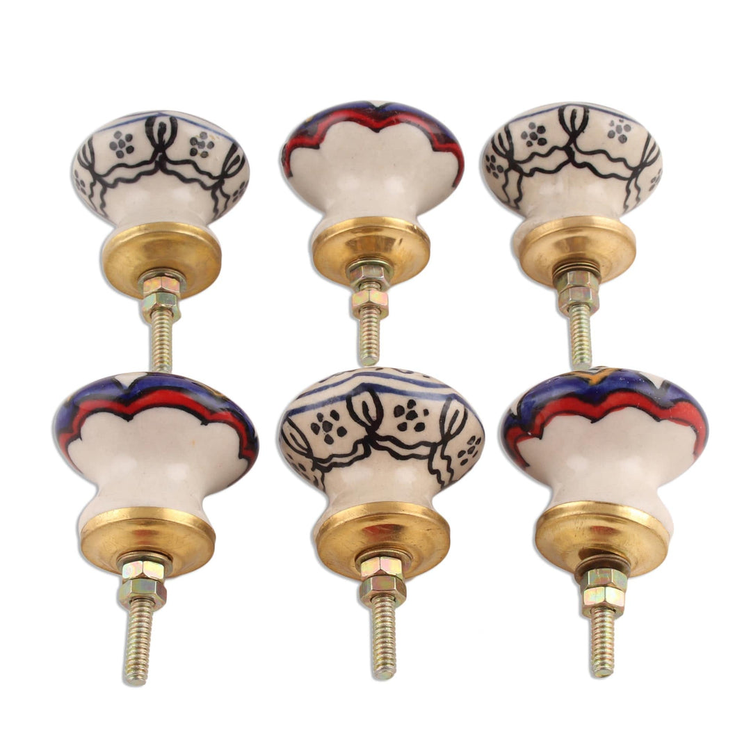 Multicolored Floral Ceramic Knobs from India (Set of 6) - Royal Garden
